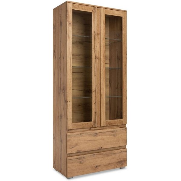 Newroom Standvitrine Dekor Honig Eiche 80 cm Vitrine Honig Eiche Dekor Vitrinenschrank Modern Wohnzimmer Küche