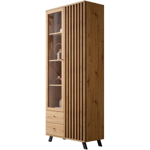 Newroom Vitrine Wildeiche 92 cm Wandpaneel Wildeiche Anthrazit Modern Vitrinenschrank Glasvitrine