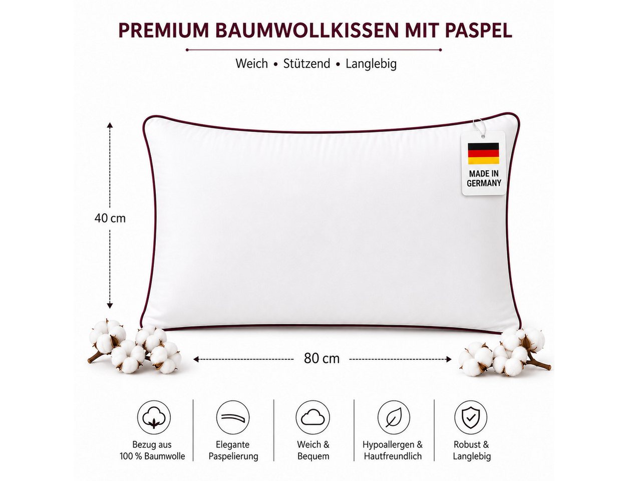 NEXGEN Luxus Baumwollkissen Baumwollkissen mit Biese, Hotelqualität, hergestellt in Deutschland, Füllung: Premium-Füllwatte, Bezug: Baumwolle, Seitenschläfer, B – Bild 2 von 5
