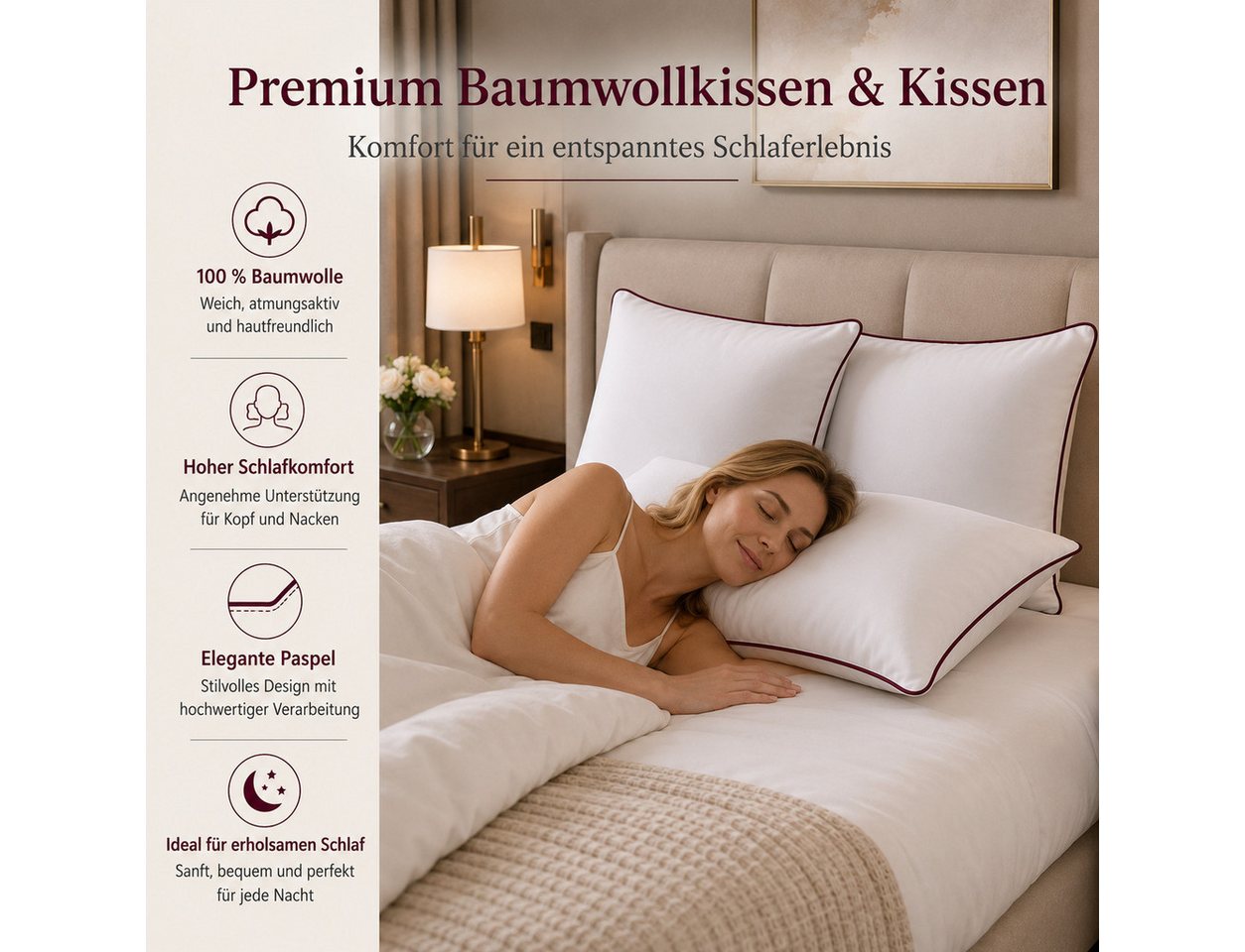 NEXGEN Luxus Baumwollkissen Baumwollkissen mit Biese, Hotelqualität, hergestellt in Deutschland, Füllung: Premium-Füllwatte, Bezug: Baumwolle, Seitenschläfer, B – Bild 3 von 5
