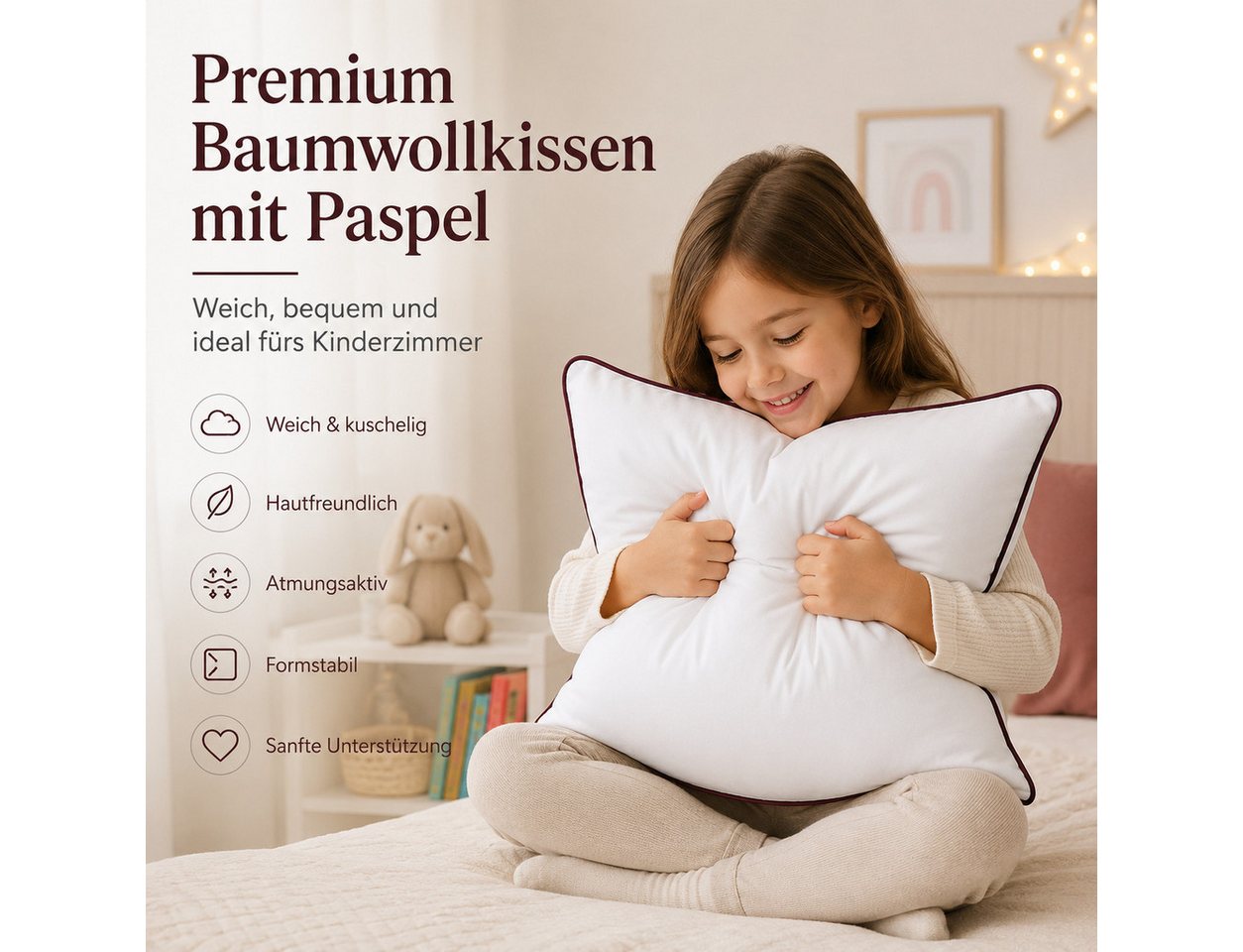 NEXGEN Luxus Baumwollkissen Baumwollkissen mit Biese, Hotelqualität, hergestellt in Deutschland, Füllung: Premium-Füllwatte, Bezug: Baumwolle, Seitenschläfer, B – Bild 5 von 5