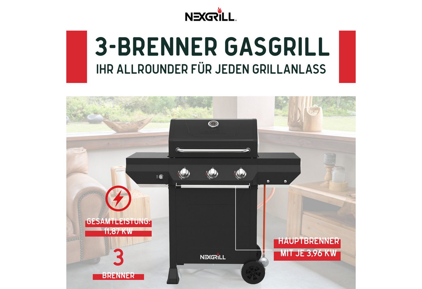 nexgrill Gasgrill Classic 3B 3 Brenner, Grillwagen 12 kW, Aufbaumaß: 124 x 118 x 61 cm – Bild 2 von 5