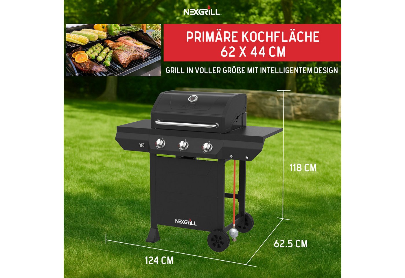 nexgrill Gasgrill Classic 3B 3 Brenner, Grillwagen 12 kW, Aufbaumaß: 124 x 118 x 61 cm – Bild 3 von 5