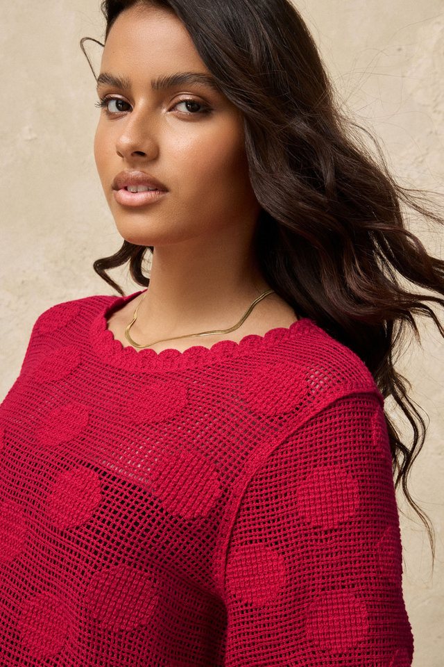 Next Kurzarmpullover T-Shirt mit gehäkeltem Ausschnitt (1-tlg) – Bild 5 von 5