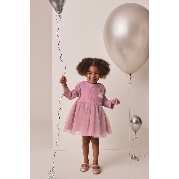 Next Meshkleid Geripptes Mesh-Partykleid mit langen Ärmeln (1-tlg)