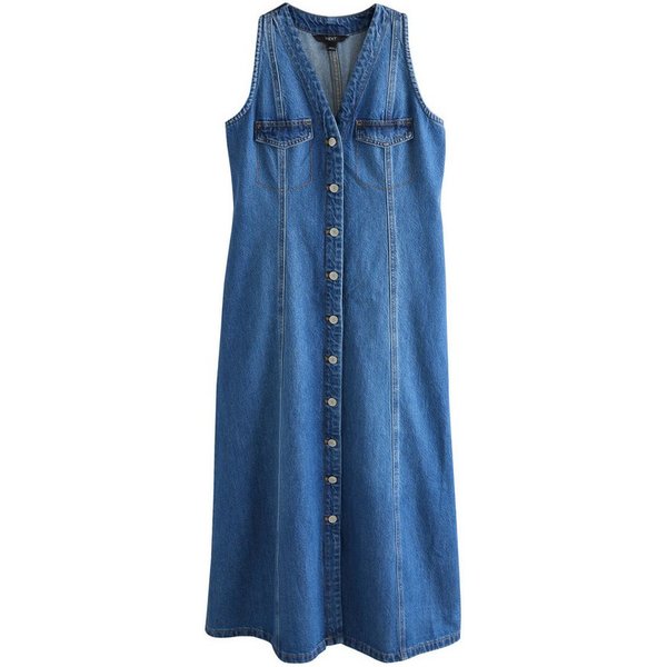 Next Midikleid Geknöpftes, ärmelloses Denim-Midikleid, Kurzgröße (1-tlg)