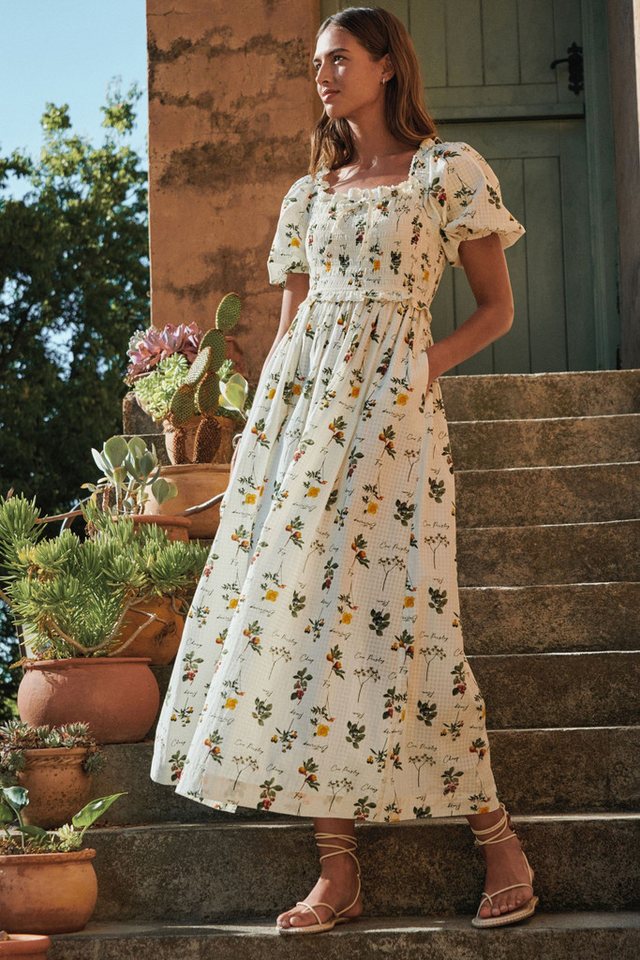 Next Midikleid Gerafftes Midikleid mit Puffärmeln (1-tlg) – Bild 5 von 5