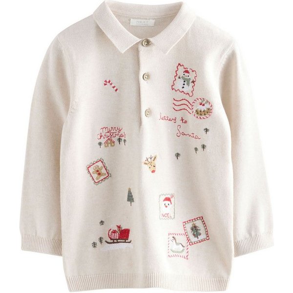 Next Polokragenpullover Strick-Poloshirt mit Weihnachtsstickerei (1-tlg)