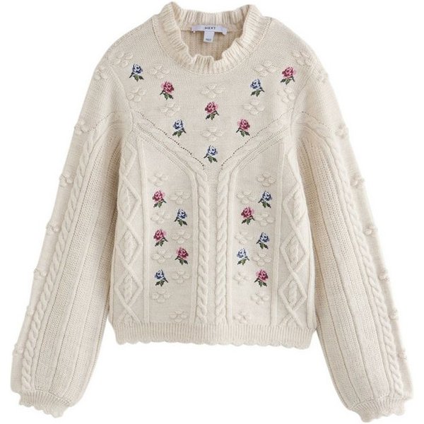 Next Strickpullover Pullover mit Zopfstrickmuster und Blumen-Stickerei (1-tlg)