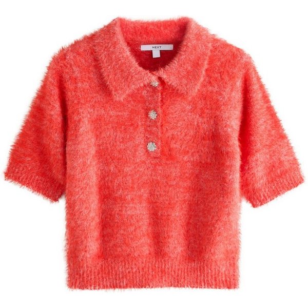 Next Strickpullover Strick-Polo-Kurzarmpullover mit Schmuckknopf (1-tlg)