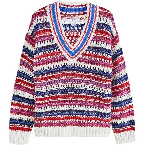 Next V-Ausschnitt-Pullover Strickpullover mit V-Ausschnitt, Mesh + Baumwolle (1-tlg)