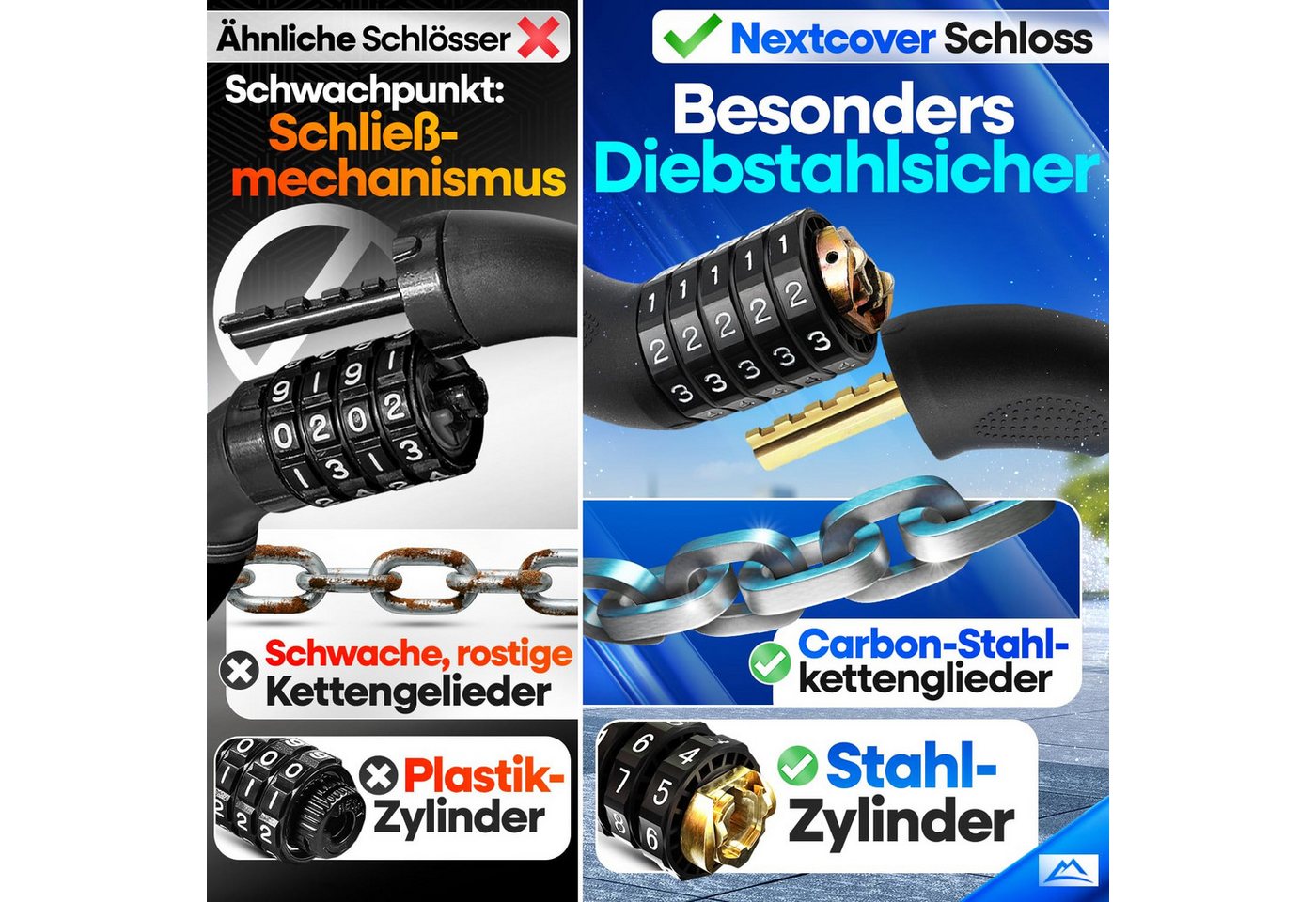 Nextcover Kettenschloss Fahrradschloss mit Zahlencode - Sicherheitsverschluss – Bild 4 von 5