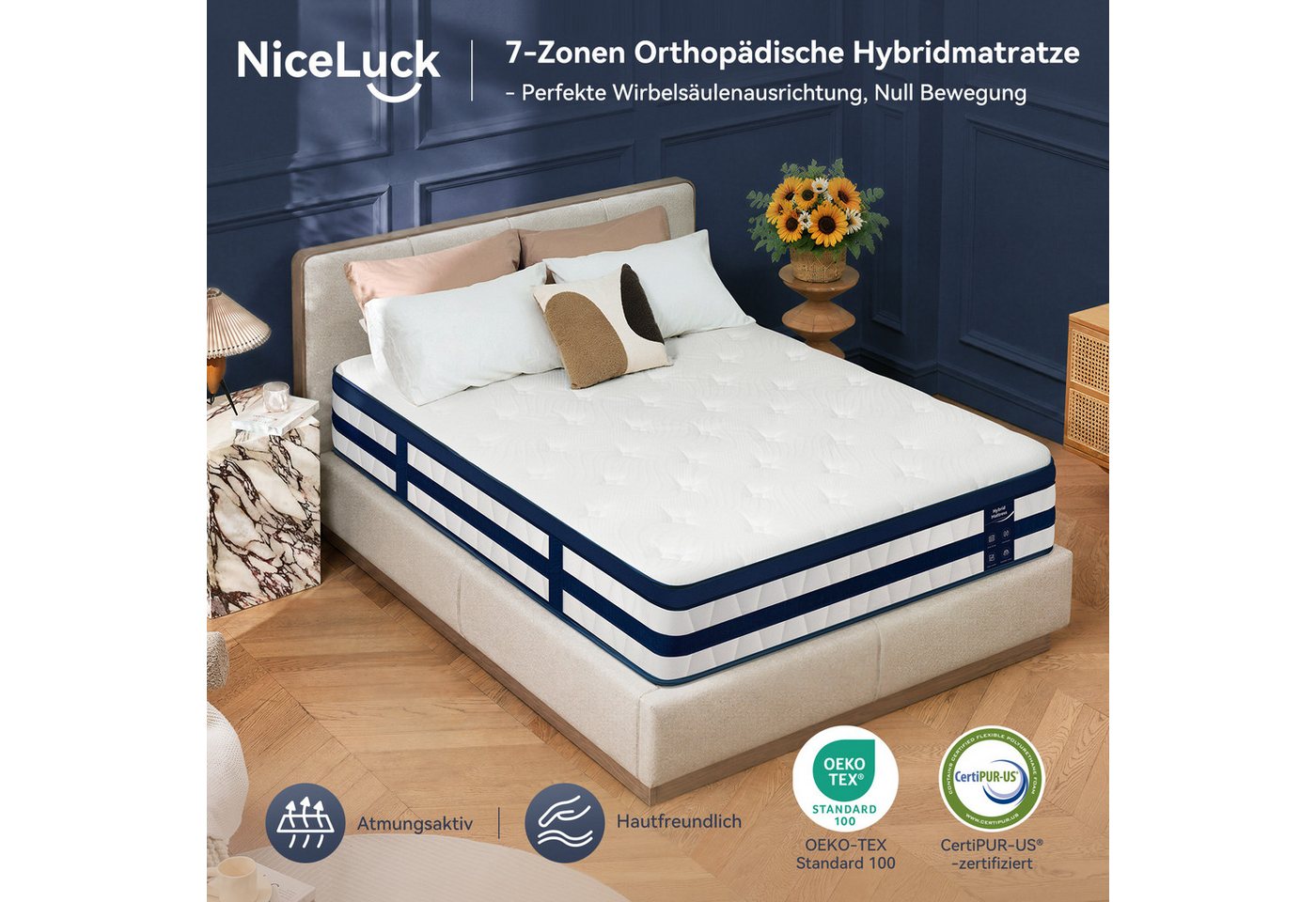 Taschenfederkernmatratze 7-Zonen Taschenfederkernmatratze Hybridmatratze-OEKO‑TEX®, NicePlus, 26 cm hoch, Atmungsaktiv , Kühlend, Orthopädisch, Punktelastisch – Bild 2 von 5