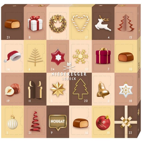 Niederegger Lebensmittel-Adventskalender Adventskalender Minis Nougat, 180 g, Niederegger, 24 Mini-Nougat Pralinen
