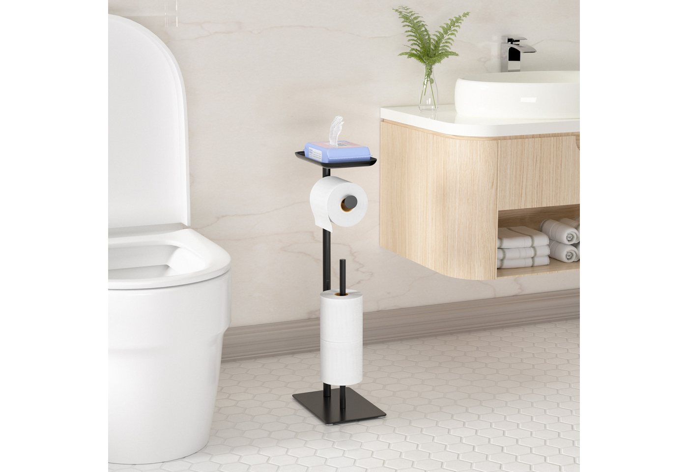 niffgaff Toilettenpapierhalter Stehender, Klopapierhalter aus Edelstahl mit Ablagefläche (1-St), Platz für 4+1 Rollen, WC-Papierhalter mit praktischem Stauraum – Bild 4 von 5