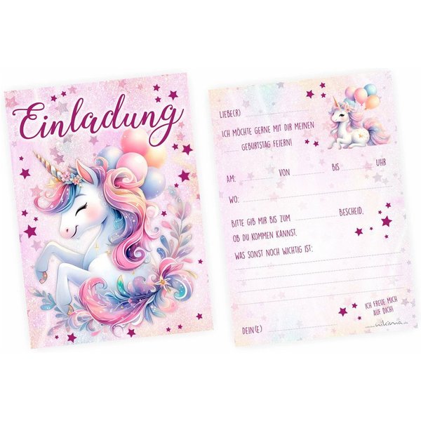 nikima Einladungskarten 10 Einladungskarten Einhorn mit Glitzer für Kindergeburtstag