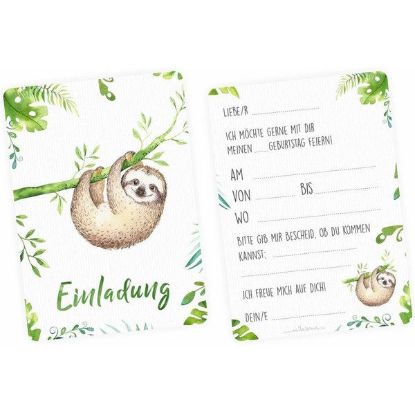 nikima Einladungskarten 10 Einladungskarten Faultier Dschungel grün inkl. 10 Briefumschlägen