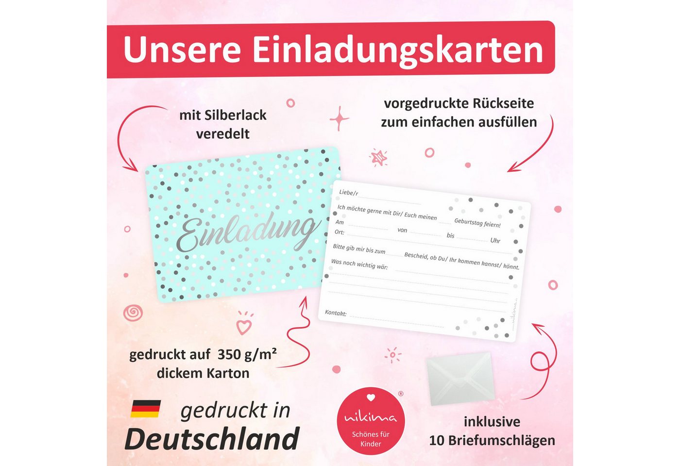 nikima Einladungskarten 10 Einladungskarten Mint mit Silberlack inkl. Umschlag – Bild 2 von 5