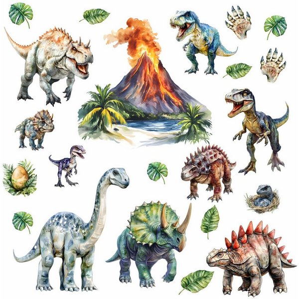 nikima Wandtattoo 257 Wandtattoo Dinosaurier mit Vulkan - Größe 750 x 420 mm (PVC-Folie), in 6 vers. Größen