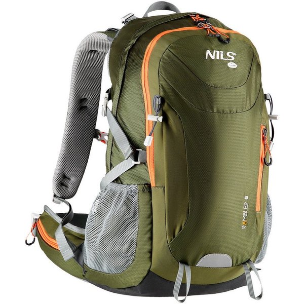 NILS CAMP Trekkingrucksack Wanderrucksack Tourenrucksack Gebirgsrucksack (Spar-Set, 1-tlg., 54 x 32 x 18 cm), 40 l, Stahlgestell, Regenhülle, 6 RV-Taschen