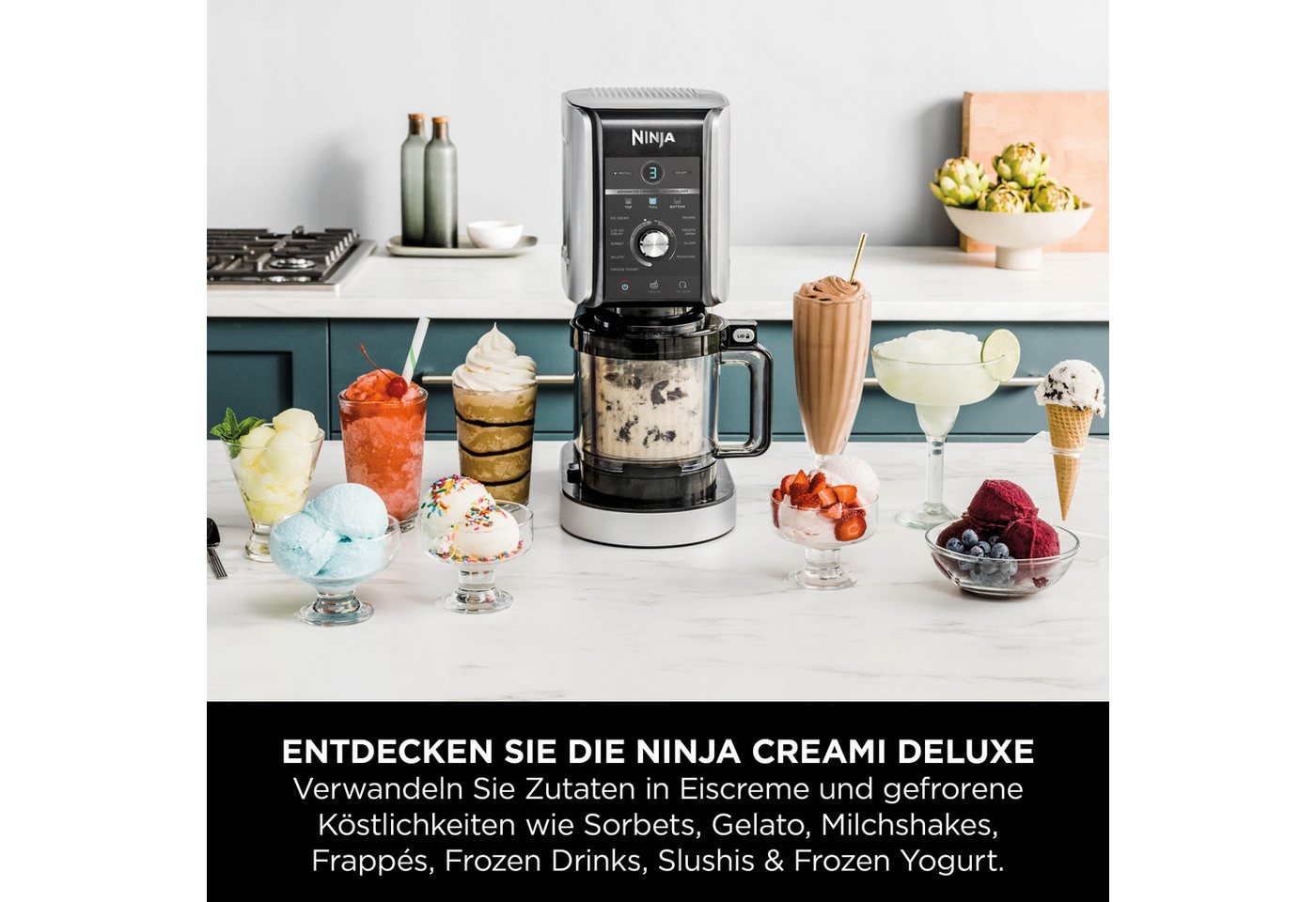 NINJA Eismaschine NC502EU Creami Deluxe, 10-in-1 Eis-und Eisgetränkmaschine, 0,71 l, 800 W, Mit 2x 710 ml Deluxe Behältern und Deckeln – Bild 2 von 5