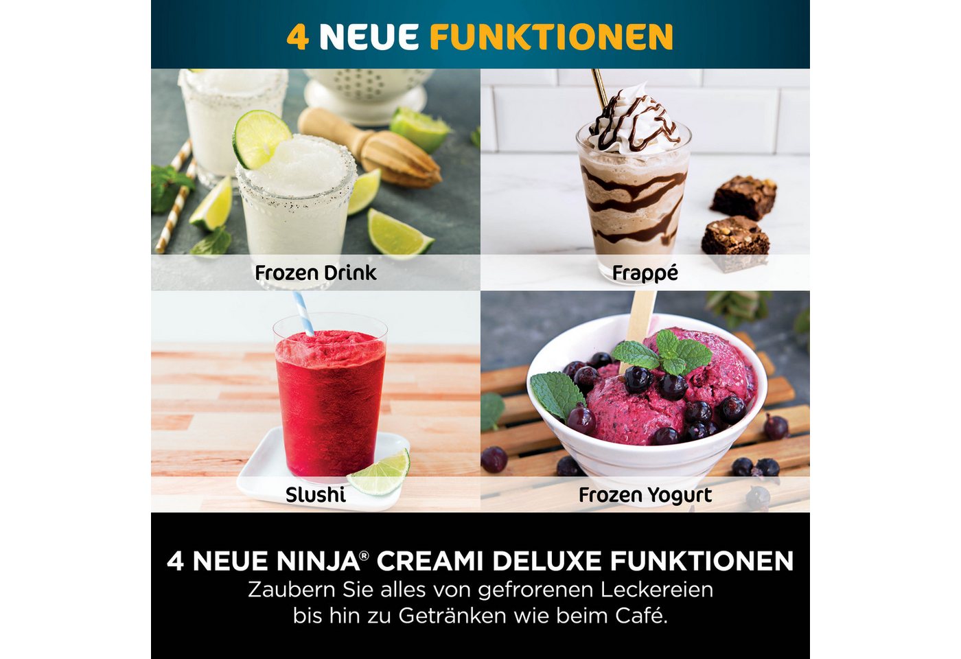 NINJA Eismaschine NC502EU Creami Deluxe, 10-in-1 Eis-und Eisgetränkmaschine, 0,71 l, 800 W, Mit 2x 710 ml Deluxe Behältern und Deckeln – Bild 4 von 5