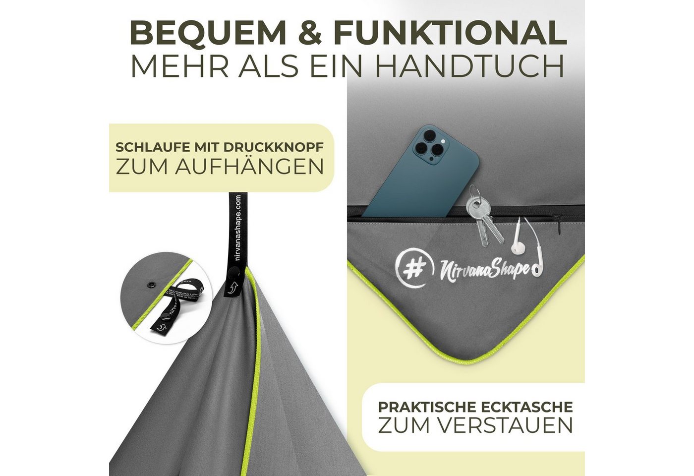 NirvanaShape Reisehandtuch Mikrofaser Handtücher [2er SET] Badehandtuch Reisehandtuch Strandtuch, Ecktasche mit Reißverschluss, saugfähig, leicht, schnelltrockn – Bild 4 von 5
