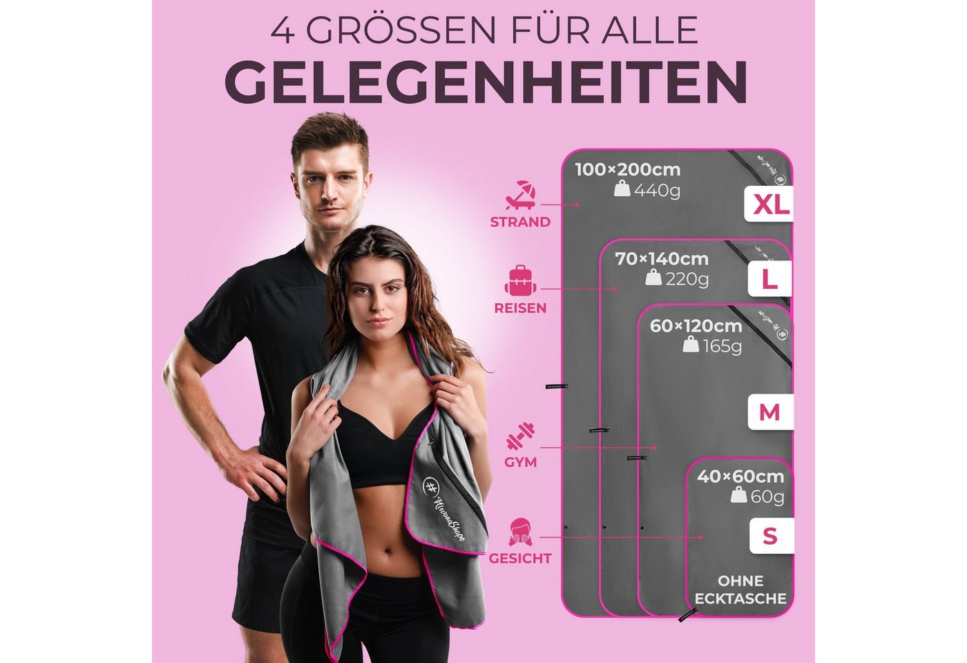 NirvanaShape Reisehandtuch Mikrofaser Handtücher [2er SET] Badehandtuch Reisehandtuch Strandtuch, Ecktasche mit Reißverschluss, saugfähig, leicht, schnelltrockn – Bild 5 von 5