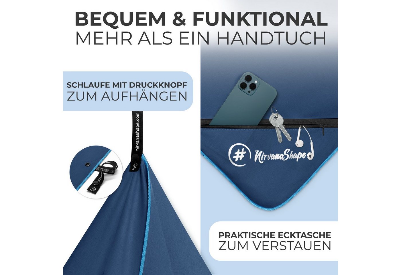 NirvanaShape Reisehandtuch Mikrofaser Handtücher [2er SET] Badehandtuch Reisehandtuch Strandtuch, Ecktasche mit Reißverschluss, saugfähig, leicht, schnelltrockn – Bild 4 von 5