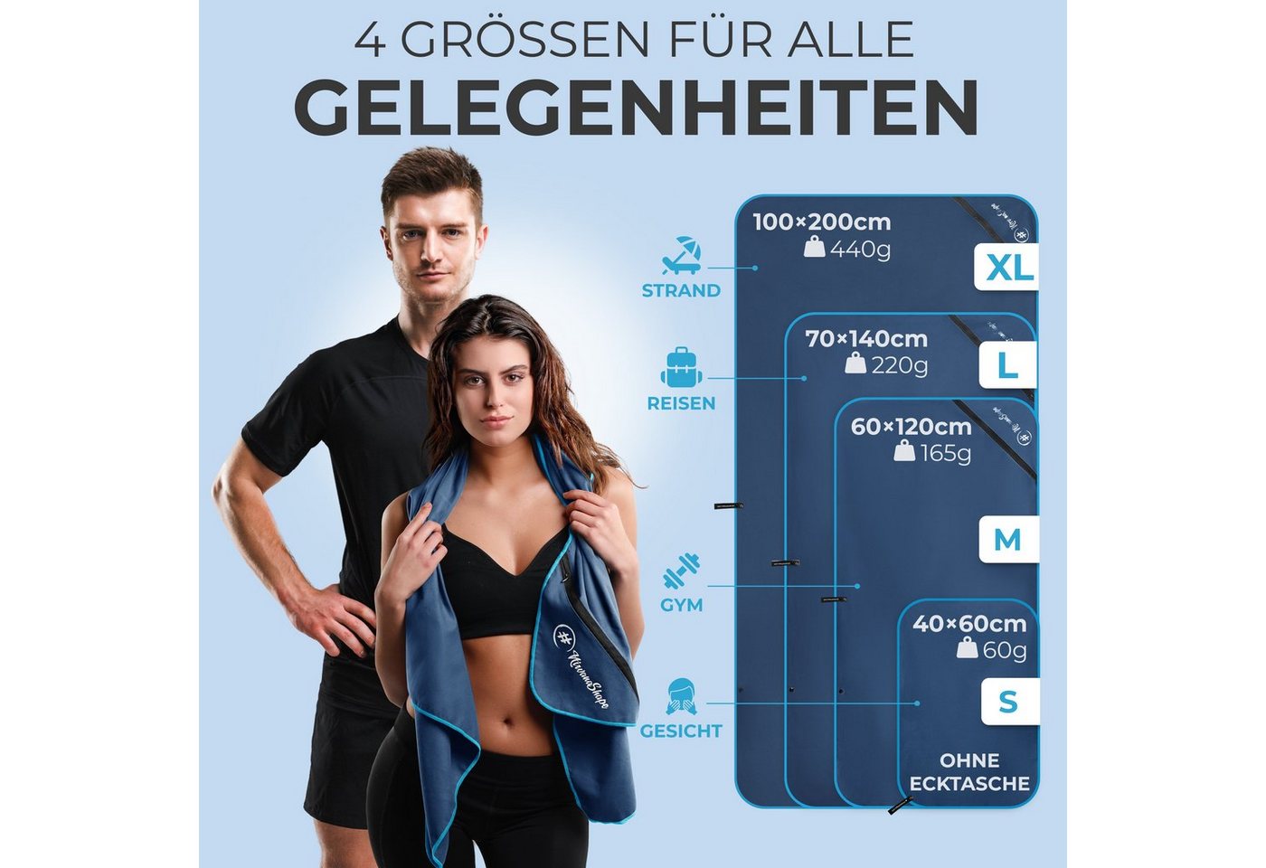NirvanaShape Reisehandtuch Mikrofaser Handtücher [2er SET] Badehandtuch Reisehandtuch Strandtuch, Ecktasche mit Reißverschluss, saugfähig, leicht, schnelltrockn – Bild 5 von 5