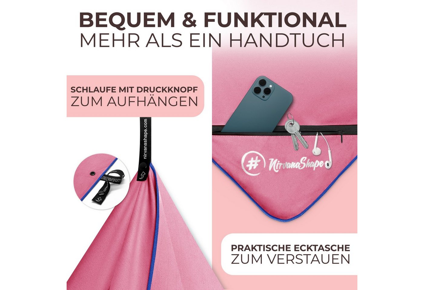 NirvanaShape Reisehandtuch Mikrofaser Handtücher [2er SET] Badehandtuch Reisehandtuch Strandtuch, Ecktasche mit Reißverschluss, saugfähig, leicht, schnelltrockn – Bild 4 von 5