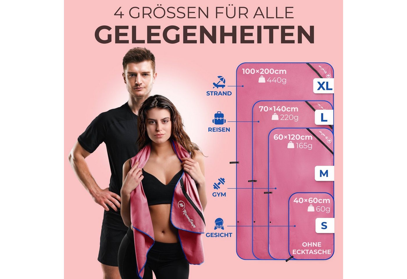 NirvanaShape Reisehandtuch Mikrofaser Handtücher [2er SET] Badehandtuch Reisehandtuch Strandtuch, Ecktasche mit Reißverschluss, saugfähig, leicht, schnelltrockn – Bild 5 von 5
