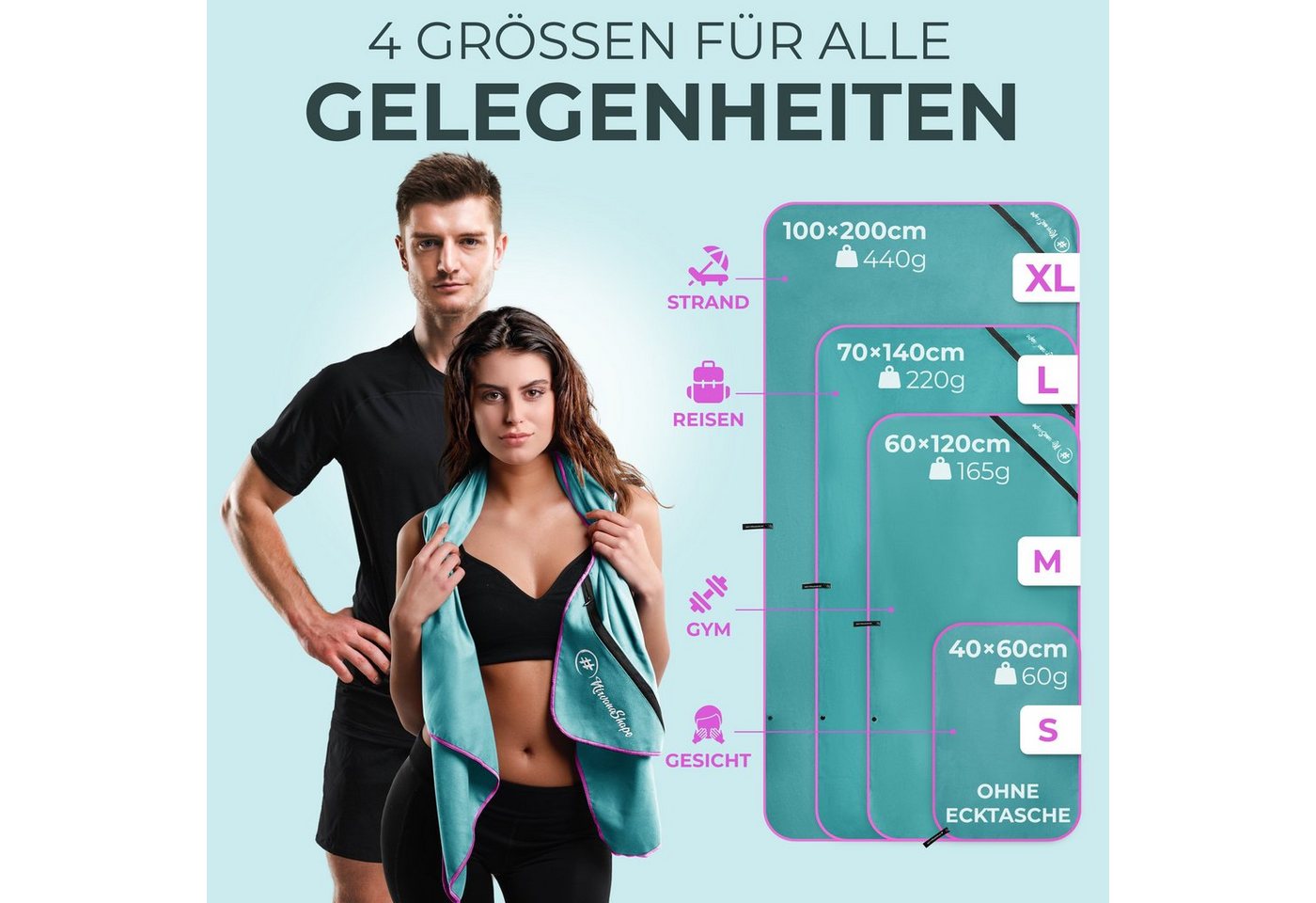 NirvanaShape Reisehandtuch Mikrofaser Handtücher [2er SET] Badehandtuch Reisehandtuch Strandtuch, Ecktasche mit Reißverschluss, saugfähig, leicht, schnelltrockn – Bild 5 von 5