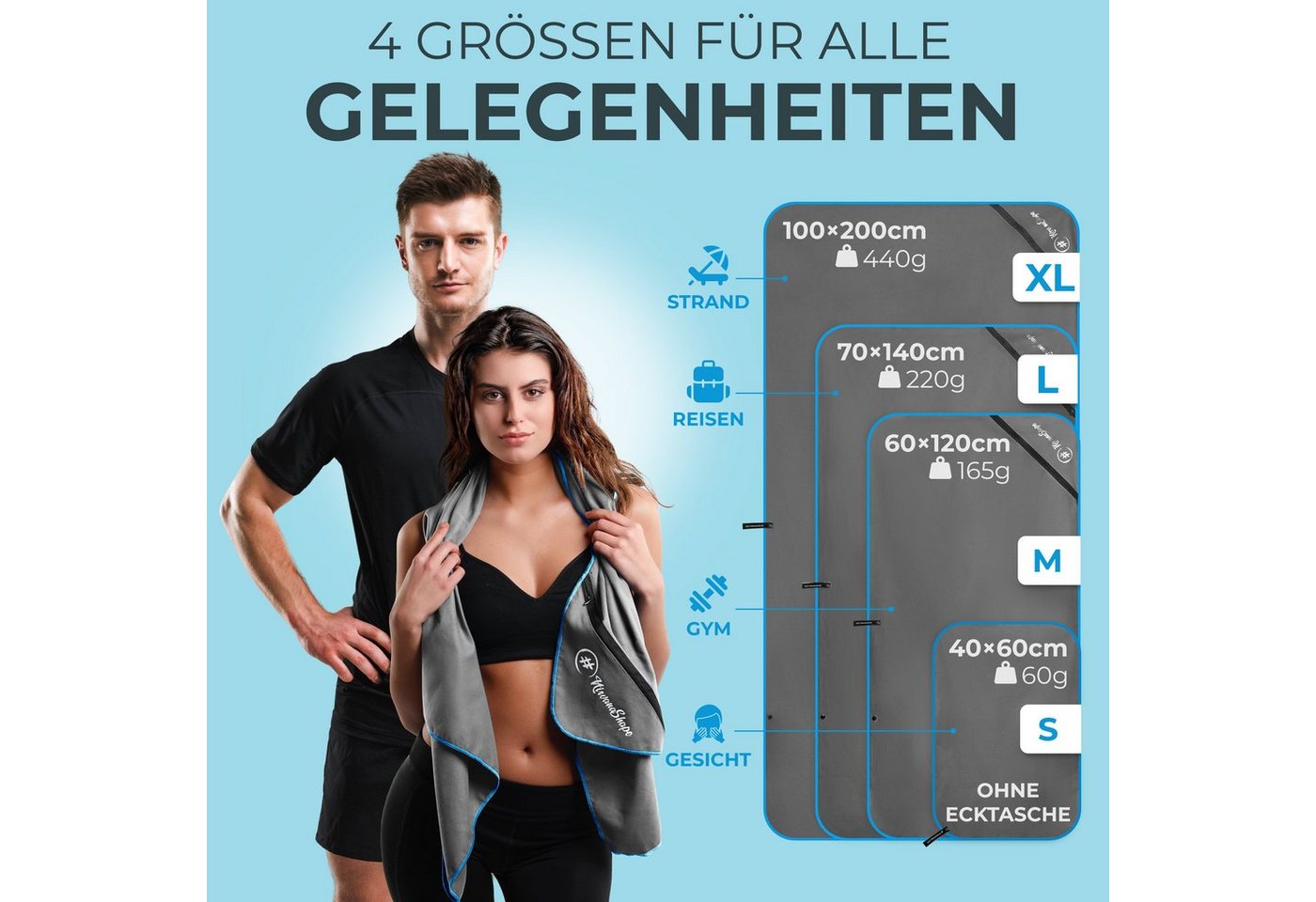 NirvanaShape Reisehandtuch Mikrofaser Handtücher [2er SET] Badehandtuch Reisehandtuch Strandtuch, Ecktasche mit Reißverschluss, saugfähig, leicht, schnelltrockn – Bild 5 von 5