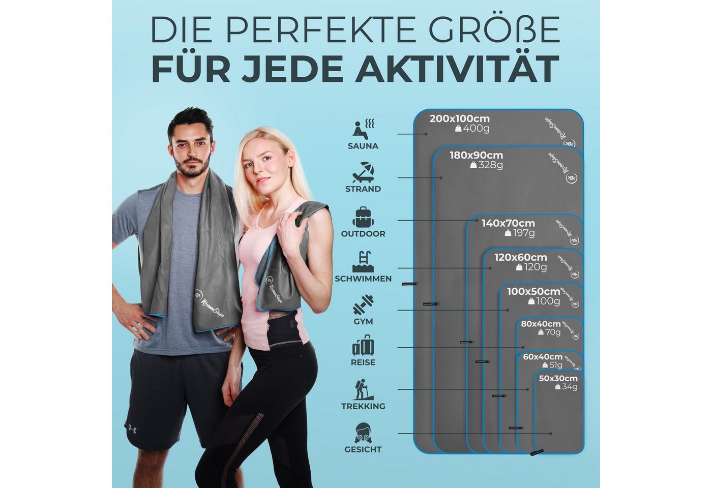 NirvanaShape Sporthandtuch Mikrofaser Handtuch, Badehandtuch, Reisehandtuch, Sporthandtuch, saugfähig, leicht, schnelltrocknend, für Reisen, Fitness, Yoga, Saun – Bild 4 von 5