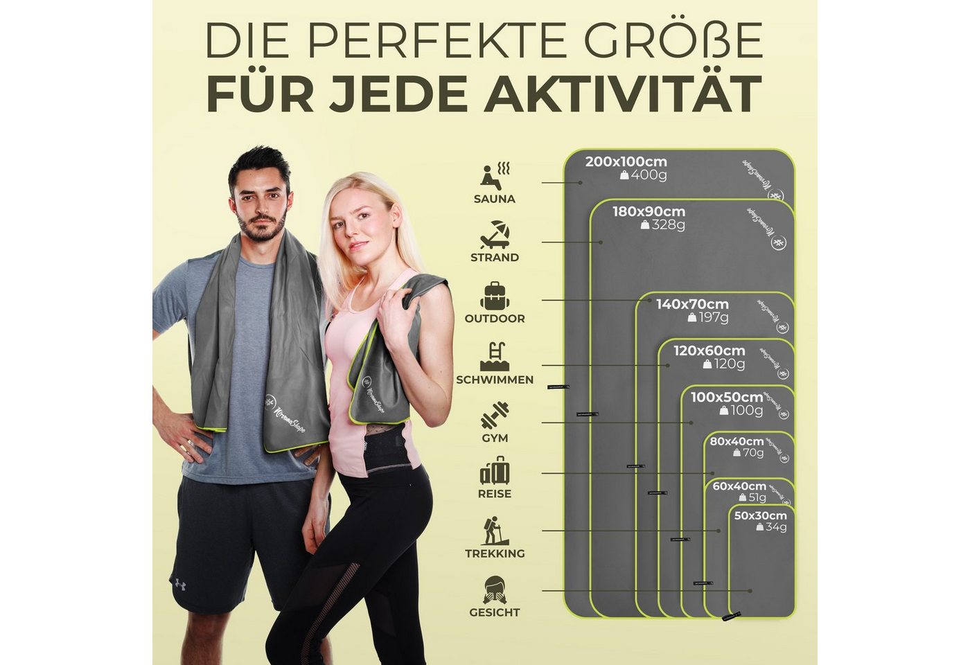 NirvanaShape Sporthandtuch Mikrofaser Handtuch, Badehandtuch, Reisehandtuch, Sporthandtuch, saugfähig, leicht, schnelltrocknend, für Reisen, Fitness, Yoga, Saun – Bild 4 von 5