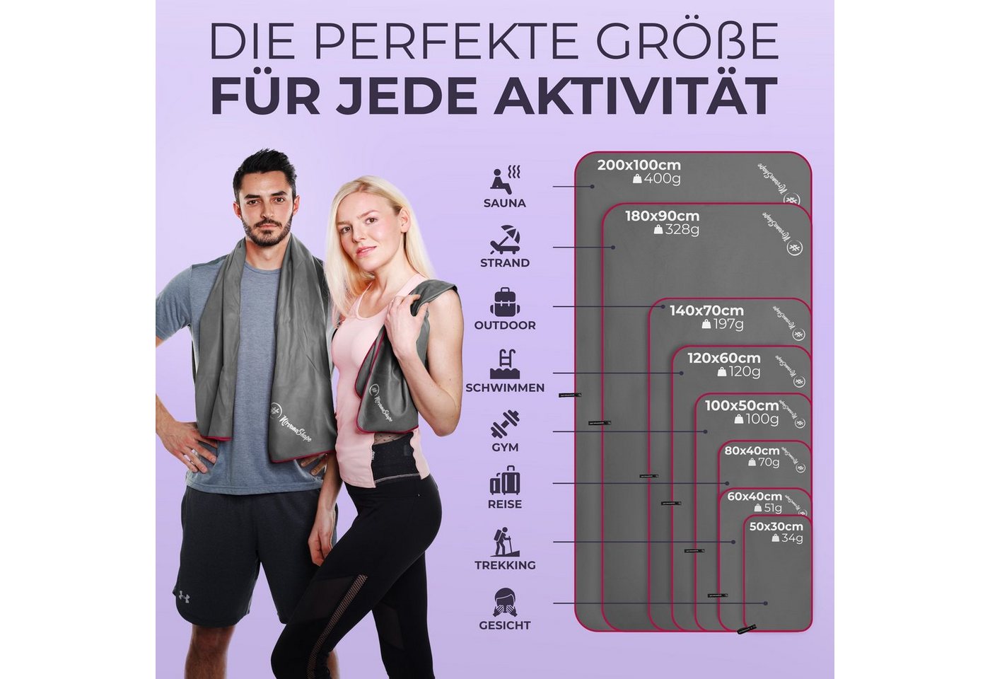 NirvanaShape Sporthandtuch Mikrofaser Handtuch, Badehandtuch, Reisehandtuch, Sporthandtuch, saugfähig, leicht, schnelltrocknend, für Reisen, Fitness, Yoga, Saun – Bild 4 von 5