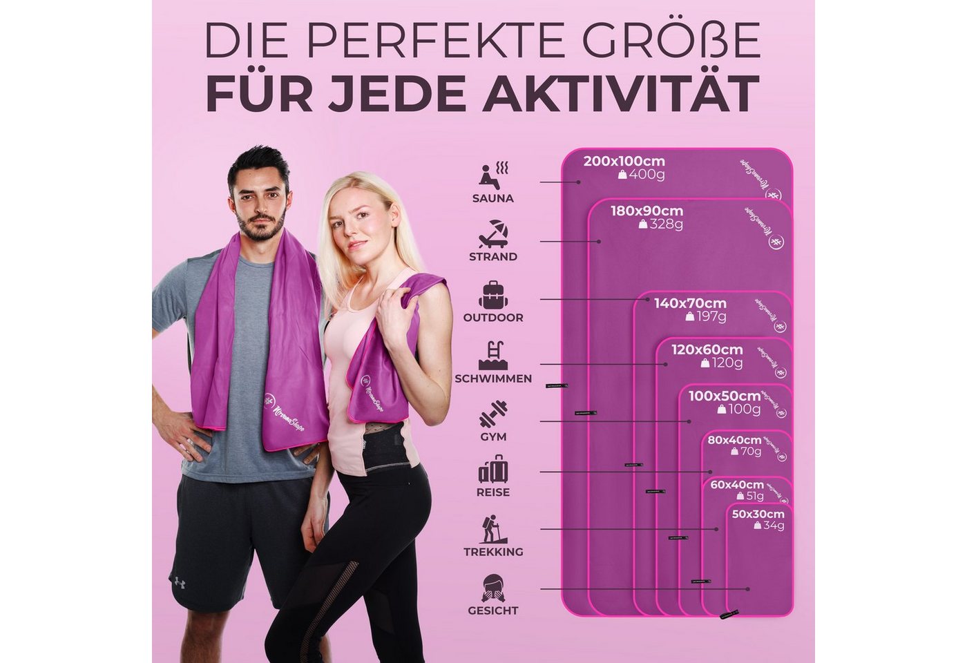 NirvanaShape Sporthandtuch Mikrofaser Handtuch, Badehandtuch, Reisehandtuch, Sporthandtuch, saugfähig, leicht, schnelltrocknend, für Reisen, Fitness, Yoga, Saun – Bild 4 von 5