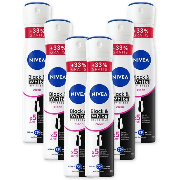 Nivea Deo-Spray Black & White Invisible Clear XL 6x200ml 72-Stunden-Antitranspirant, Set, 6-tlg., Ohne Ethylalkohol