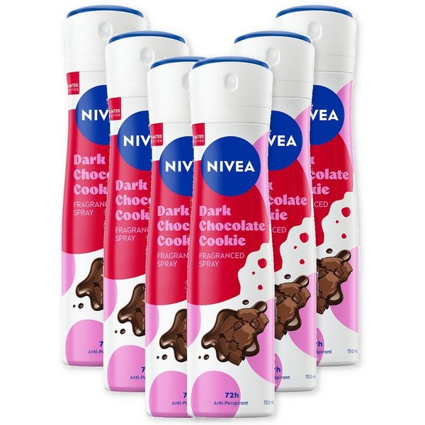 Nivea Deo-Spray Deo Dark Chocolate Cookie 6x150ml 72H-Antitranspirant Limited Edition, Set, 6-tlg., 0 % Ethylalkohol