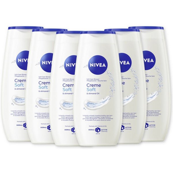 Nivea Duschcreme Creme Soft & Mandelöl Pflegedusche 6 x 250ml, 6-tlg., mit Vitamin C und E, wertvollen Ölen und Mandelöl