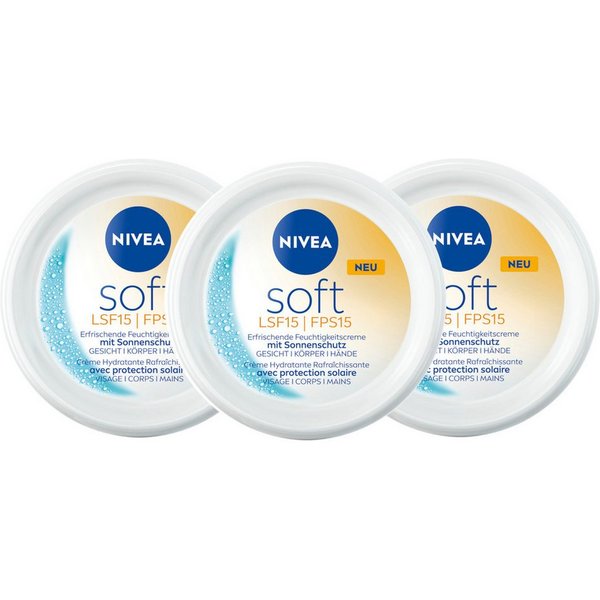 Nivea Feuchtigkeitscreme Soft mit Sonnenschutz Lichtschutzfaktor 15 3 x 100 ml, 3-tlg., 48h+ Feuchtigkeit, UVA- und UVB Schutz, Jojobaöl