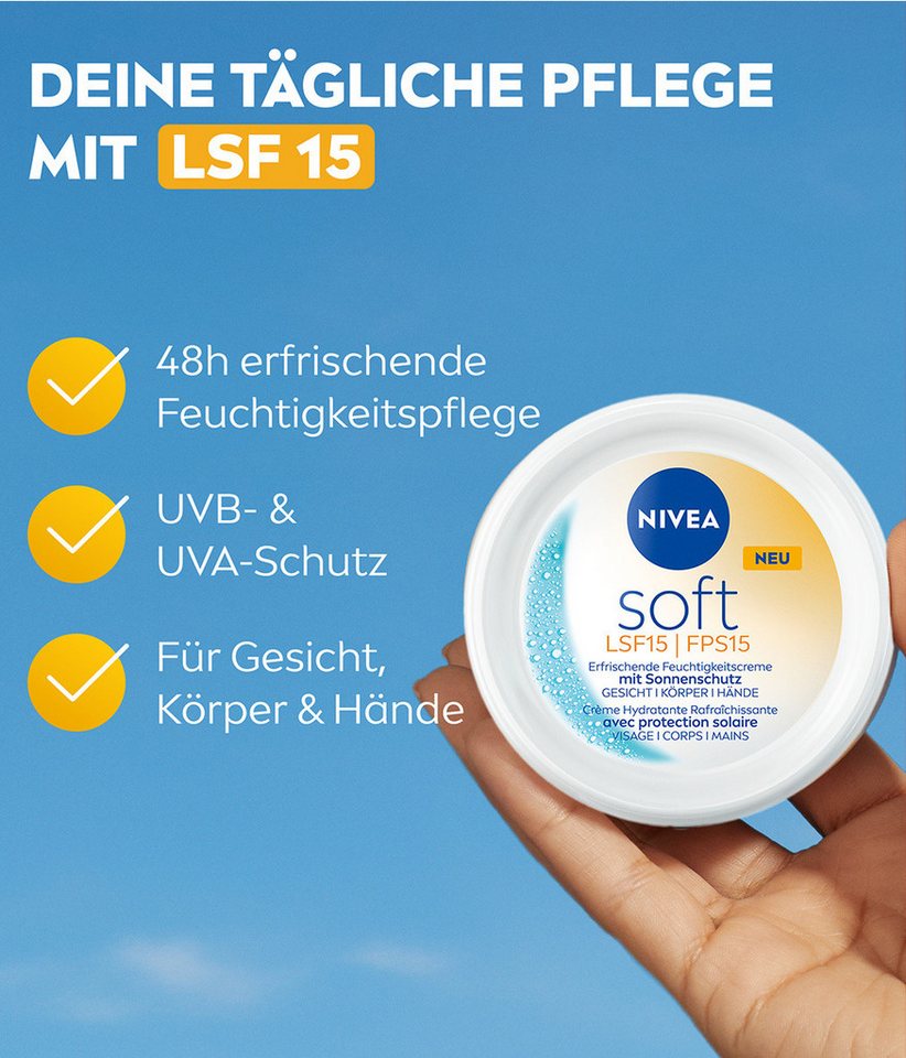Nivea Feuchtigkeitscreme Soft mit Sonnenschutz Lichtschutzfaktor 15 3 x 100 ml, 3-tlg., 48h+ Feuchtigkeit, UVA- und UVB Schutz, Jojobaöl – Bild 4 von 5
