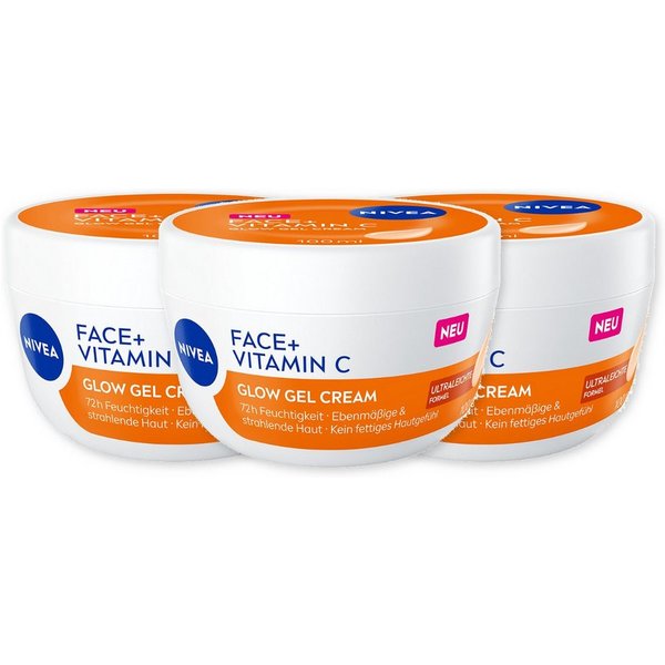 Nivea Gesichtspflege FACE+ Vitamin C Glow Cream 3 x 100 ml Set, 3-tlg., Sofort frisches & belebtes Hautgefühl
