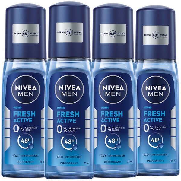 Nivea Men Deo-Zerstäuber Fresh Active 4 x 75ml, 48 Stunden effektiver Deo-Schutz, Set, 4-tlg., 0% Aluminium