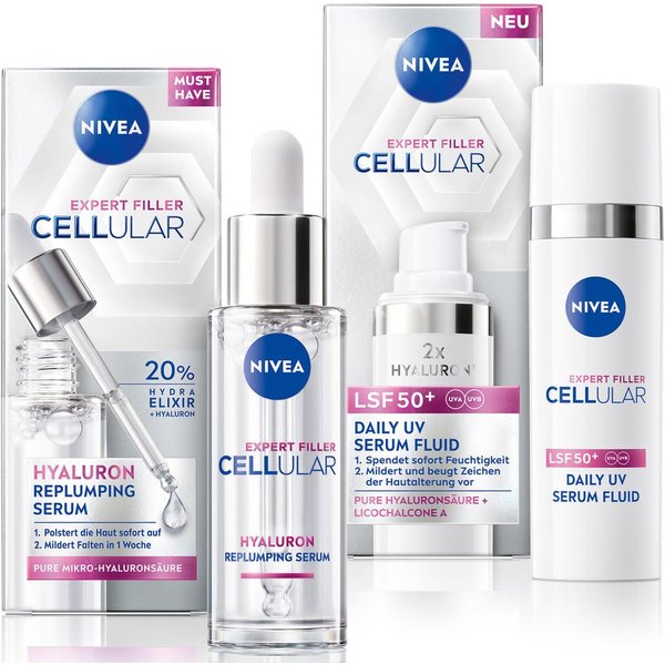 Nivea Pflege-Set Serum Routine Set mit Hyaluron-Serum + UV-Serum Fluid mit LSF 50, 2-tlg., für das Gesicht, mit Hyaluron-Serum, leicht, schnell einziehend