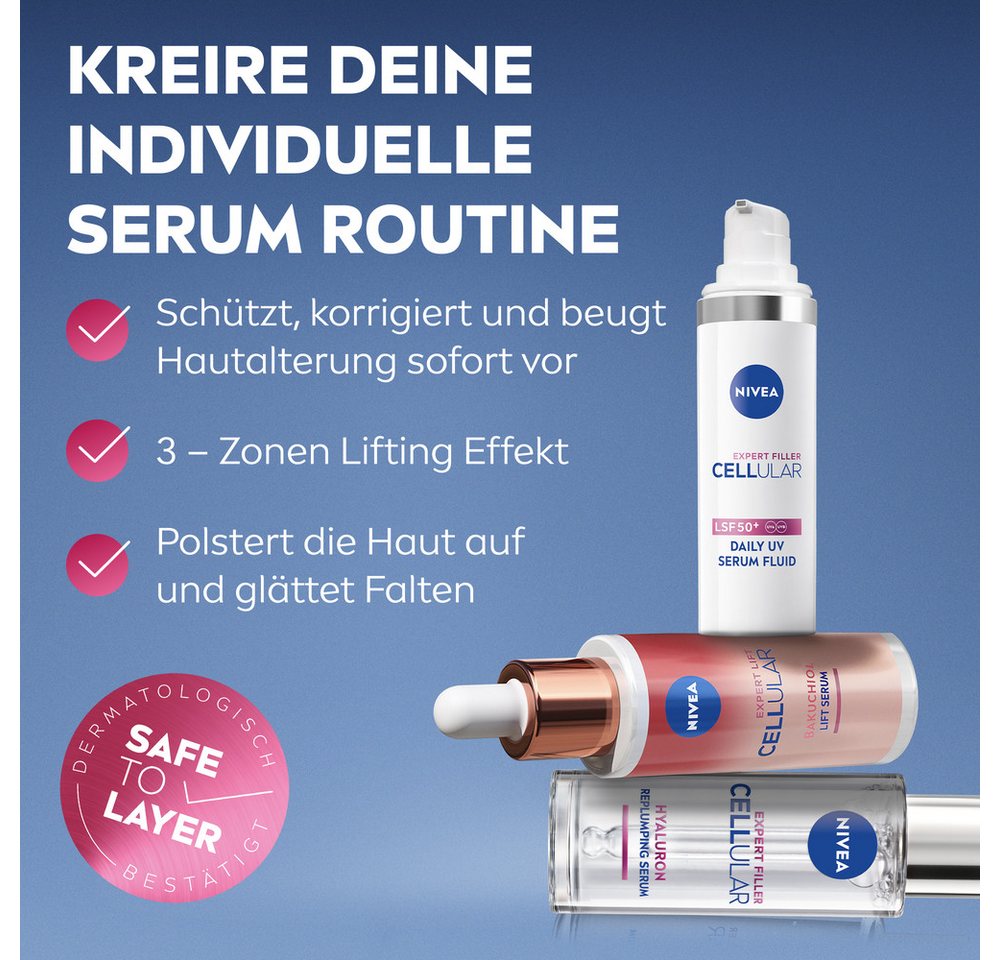 Nivea Pflege-Set Serum Routine Set mit Hyaluron-Serum + UV-Serum Fluid mit LSF 50, 2-tlg., für das Gesicht, mit Hyaluron-Serum, leicht, schnell einziehend – Bild 4 von 5