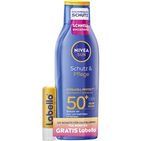 Nivea Sun Sonnenschutzlotion Schutz & Pflege Lotion LSF50+ mit Labello Sun Gratis, 2-tlg., mit Vitamin C und Hyaluron, 48 Stunden Feuchtigkeit, zieht schnell ei