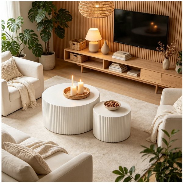 NJLyuhome Couchtisch Modernes Nesting Set, Wohnzimmer-Kaffeeset, Runde Couchtische (2-St), Wellen-Design-Beistelltisch-Set mit wellenförmiger Struktur