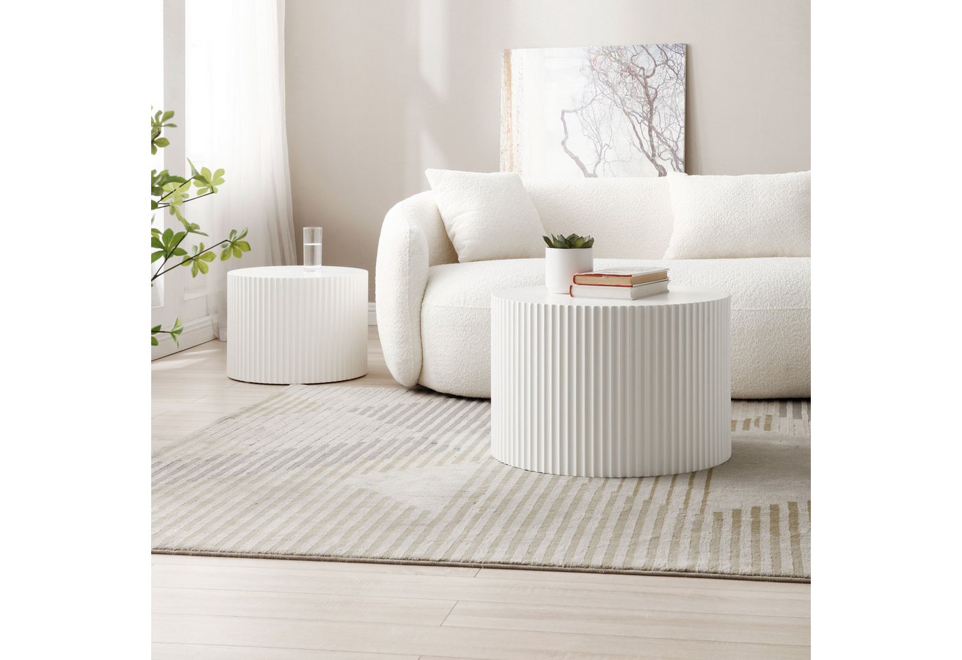 NJLyuhome Couchtisch Modernes Nesting Set, Wohnzimmer-Kaffeeset, Runde Couchtische (2-St), Wellen-Design-Beistelltisch-Set mit wellenförmiger Struktur – Bild 3 von 5